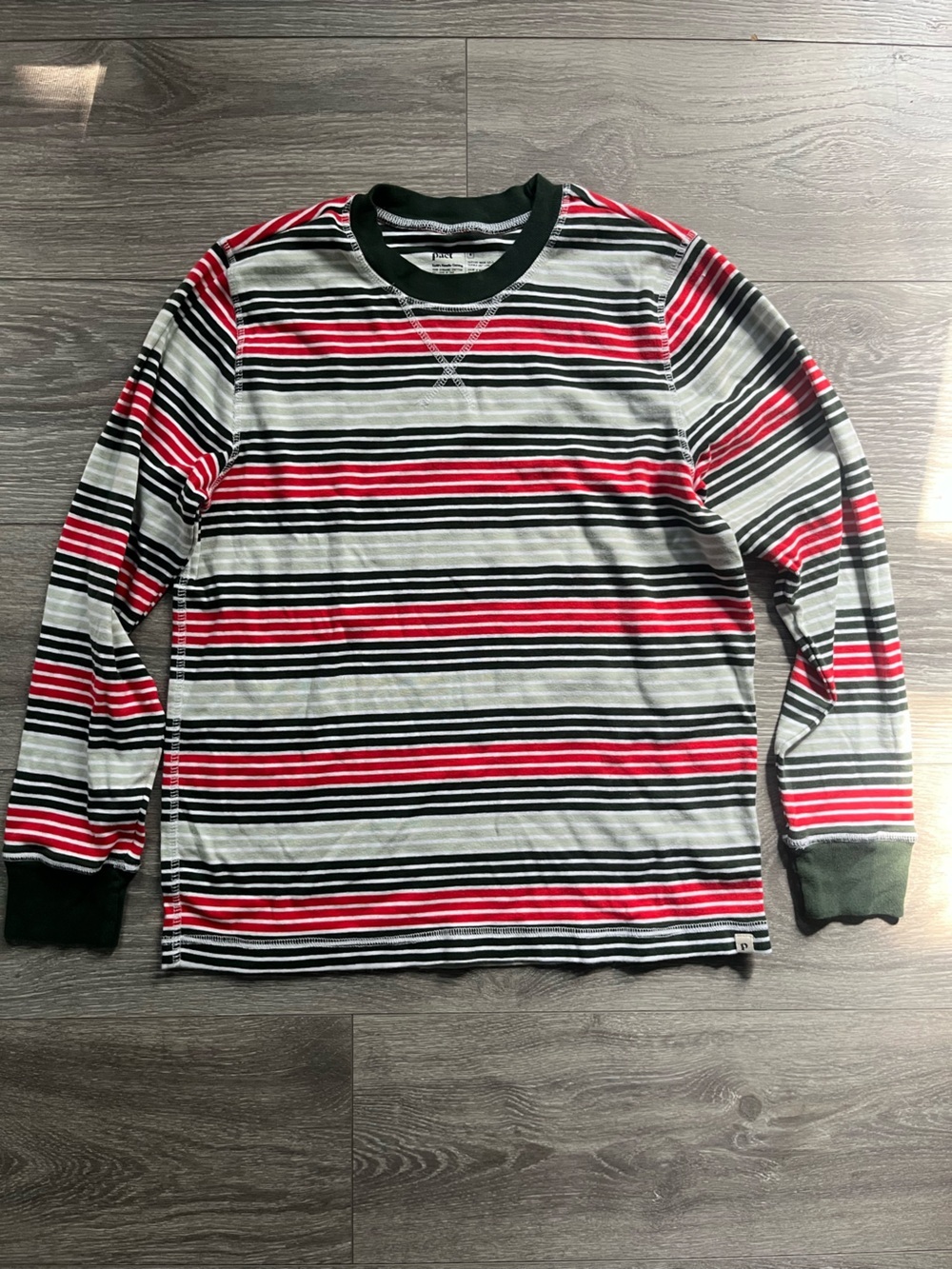Pact Green Red Striped Long Sleeve Crew Neck 100% Cotton T Shirt Size M Classic